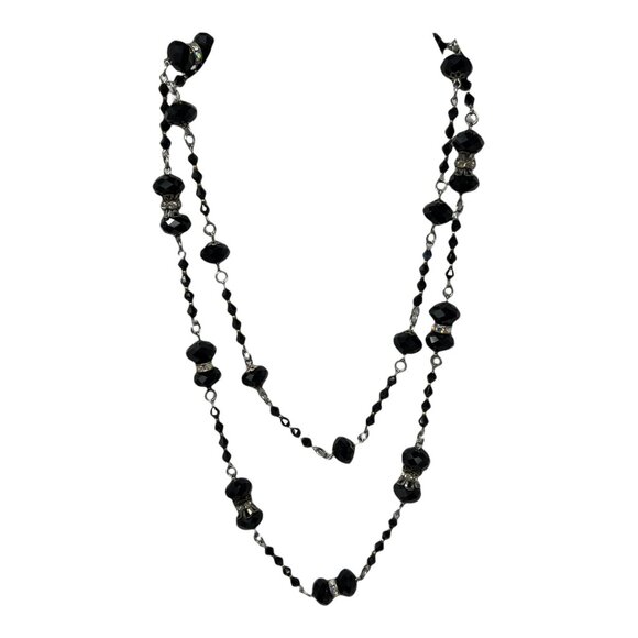 4 Piece Set Necklace Bracelet 2 Pair of Earrings Handmade Black Clear Crystals - Picture 2 of 5